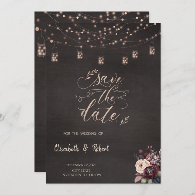 Rustikale String-Lights-Rose Save the Date (Vorne/Hinten)