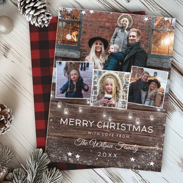 Rustikale String Lights Schnee Weihnachts Foto Url Einladungspostkarte (Von Creator hochgeladen)