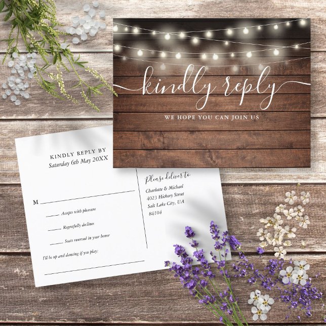 Rustikale String Lights Song Request UAWG Postcard Einladungspostkarte (Rustic String Lights Song Request RSVP Postcard)