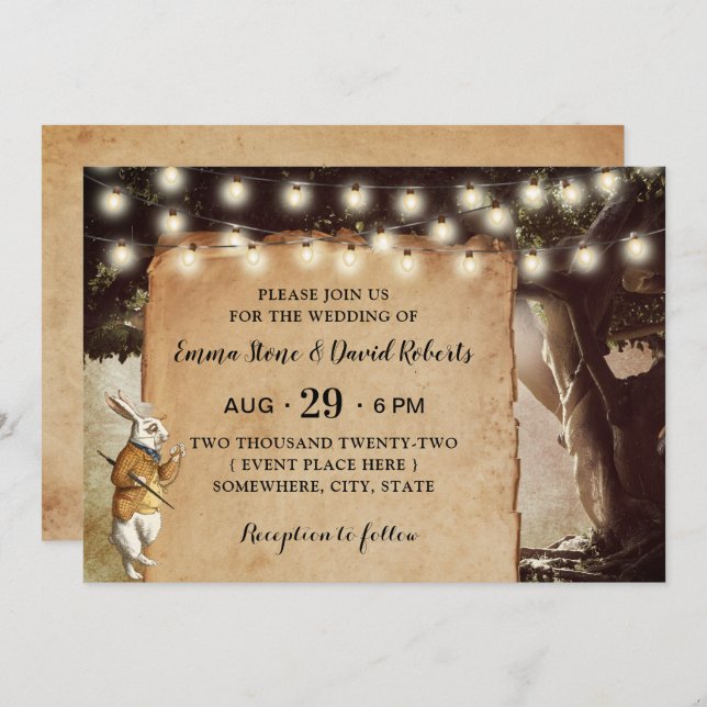 Rustikale String Lights & Tree Fairy Tale Wedding Einladung (Vorne/Hinten)