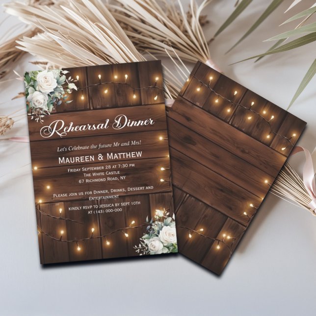 Rustikale String Lights White Roses Probe Dinner Einladung (Von Creator hochgeladen)