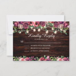 Rustikale String Lights Wood Burgundy Floral RSVP Karte