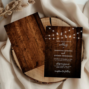 Rustikale String Lights & Wood Wedding Einladung