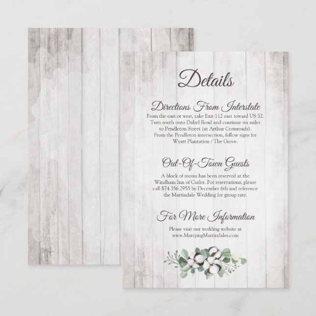 rustikale Südwolle Hochzeitsdetails / Anfahrtswege Begleitkarte (Vorne/Hinten)