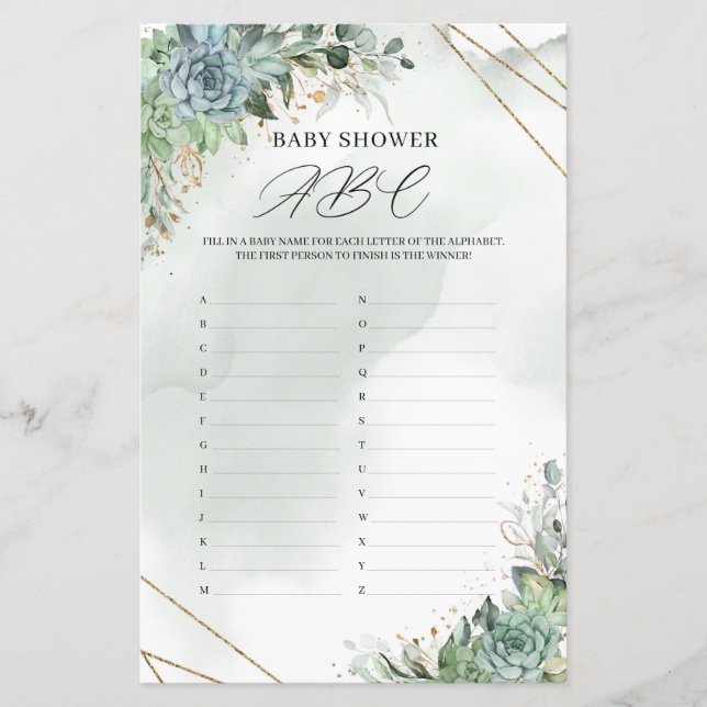 Rustikale Sukkulente Grüngold Baby Dusche ABC (Vorderseite)