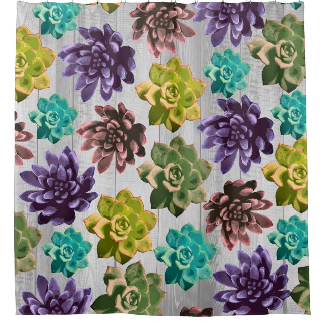Rustikale Sukkulturen und leichte graue Holzplanks Duschvorhang (Vorderseite)