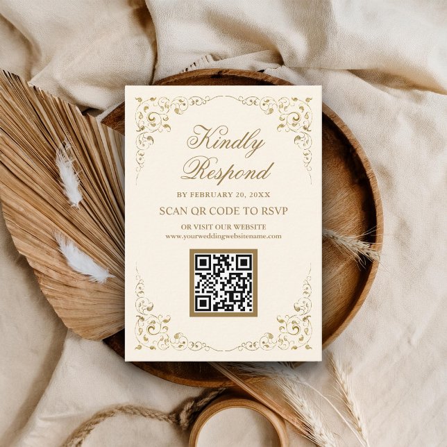 Rustikale Swirl-Rahmen Creme Gold QR Code UAWG Wed Begleitkarte (Von Creator hochgeladen)