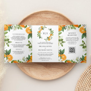 Rustikale Tangerine-Zitrus-Orangen-QR-Code-Hochzei Dreifach Gefaltete Einladung