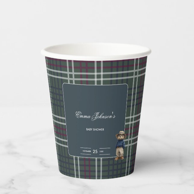 Rustikale Tartan Bear Baby Dusche Pappbecher (Vorderseite)