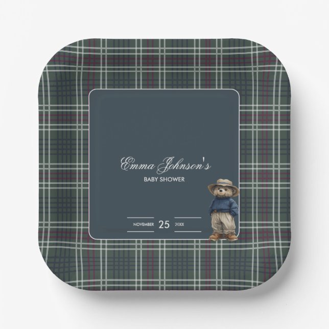 Rustikale Tartan Bear Baby Dusche Pappteller (Vorderseite)