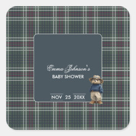 Rustikale Tartan Bear Baby Dusche Quadratischer Aufkleber