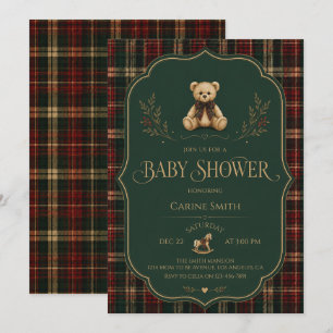 Rustikale Tartan-Teddybär-Baby-Party Einladung