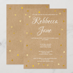 Rustikale Taufe Christening Goldene Herzen Einladung