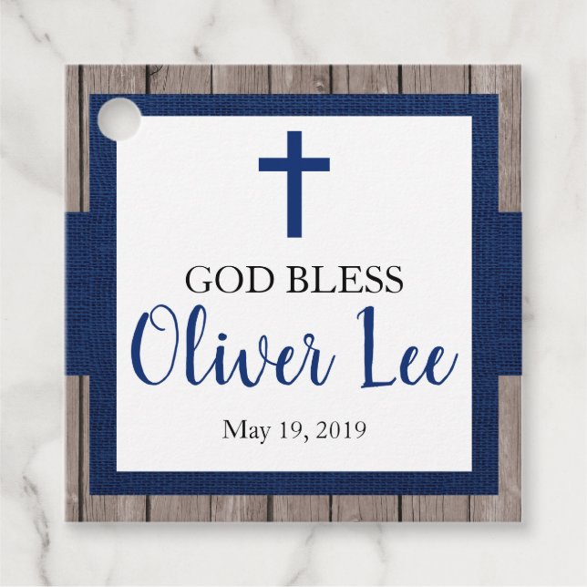 Rustikale Taufe Holz & Marine Geschenkanhänger (Vorderseite)