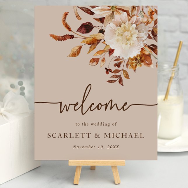 Rustikale Taupe Herbstlaub Begrüßungspposter Poster (Rustic Taupe Fall Leaves Welcome Sign Poster by Painted Paperie
)