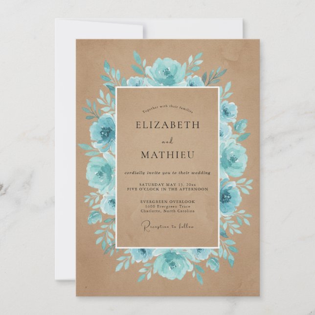 Rustikale Teal-Blüten-Hochzeit Einladung (Vorderseite)