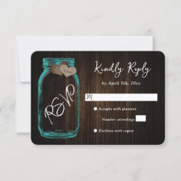 Rustikale Teal-Land-Holz-Herz-Mason-Glas-Hochzeit RSVP Karte