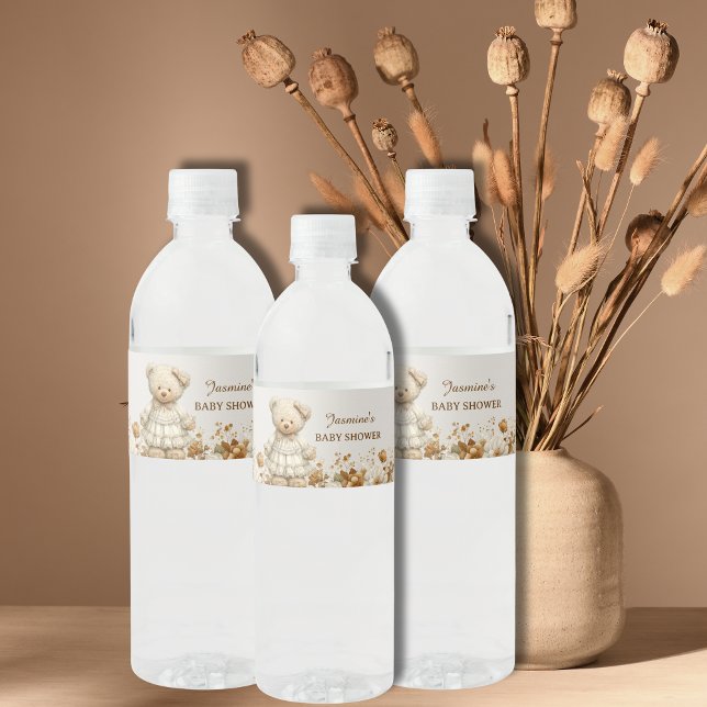 Rustikale Teddy Bear Floral Baby Dusche Wasserflaschenetikett (Von Creator hochgeladen)