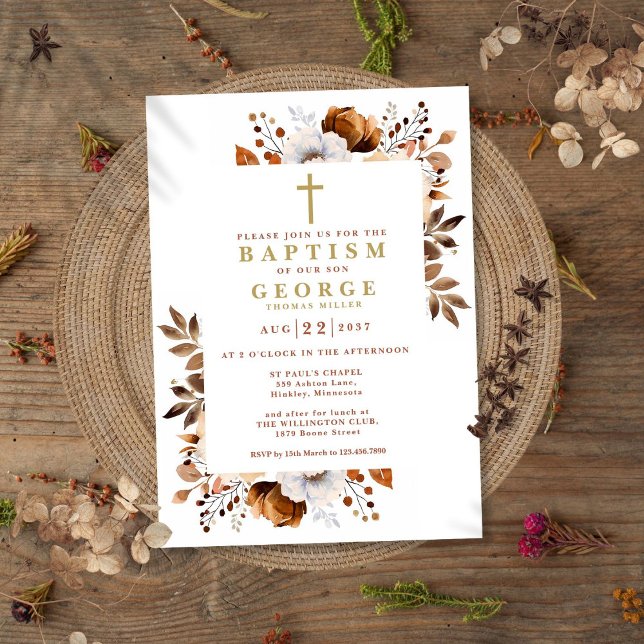 Rustikale Terracotta Boho Floral Moderne Taufe Einladung (Rustic Terracotta Boho Floral Modern Baptism Invitation)