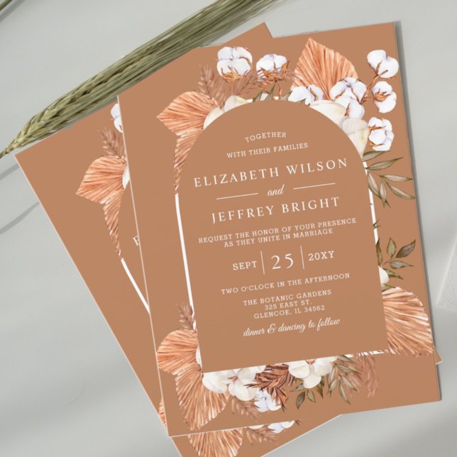 Rustikale Terracotta Boho Pampas Arched Wedding Einladung (Von Creator hochgeladen)