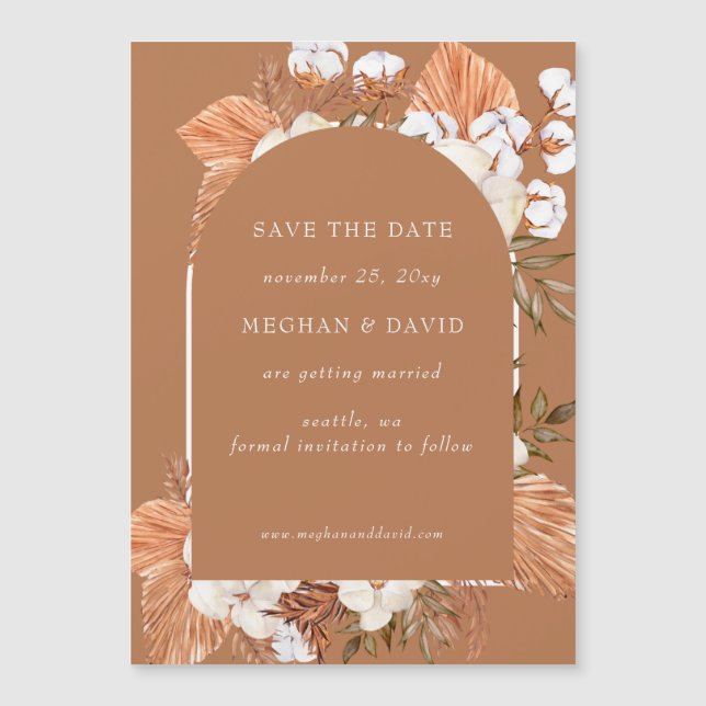 Rustikale Terracotta Boho Pampas Save the Date ang Magnetkarte (Vorderseite)