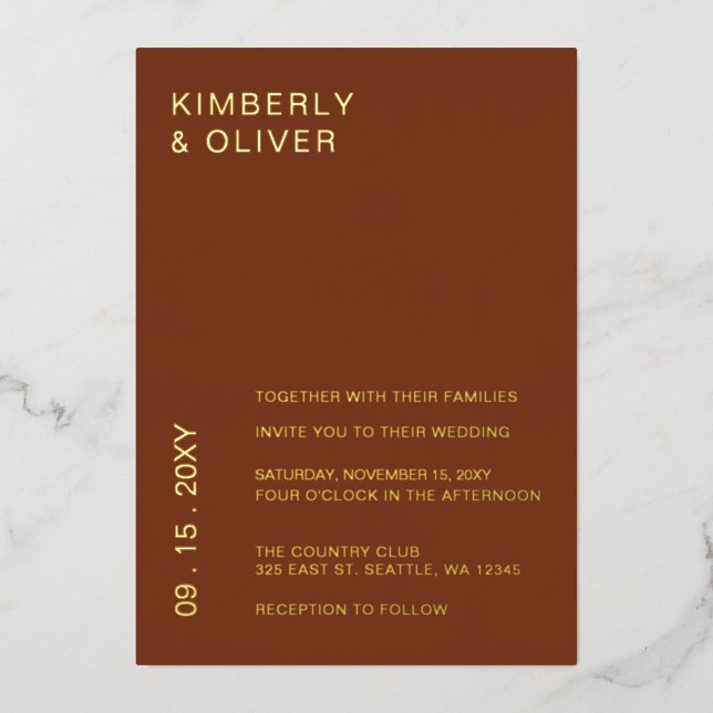 Rustikale Terracotta Burnt Orange Moderne Hochzeit Folieneinladung (Vorderseite)