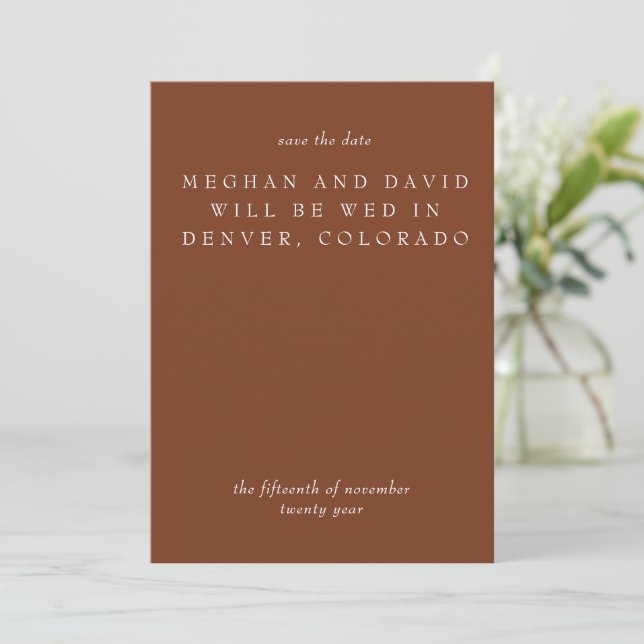 Rustikale Terracotta Burnt Orange Moderne Save The Date (Stehend Vorderseite)