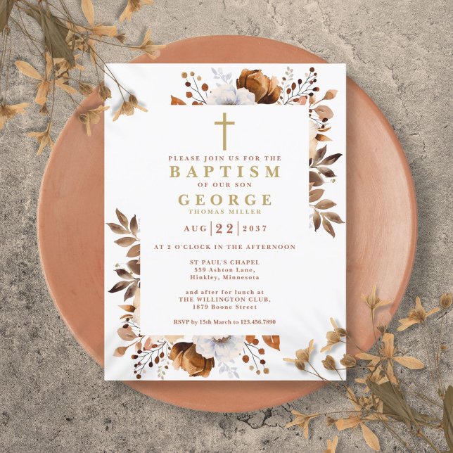 Rustikale Terracotta Floral Fall Taufe Postkarte (Rustic Terracotta Floral Fall Baptism Invitation Postcard)