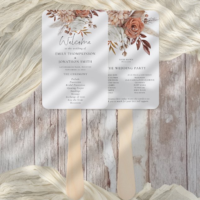 Rustikale Terracotta Florals Hochzeit im Herbst Fächer (Wedding program fan, front and back view. part of the Terracotta Florals Collection)