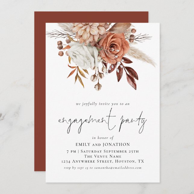 Rustikale Terracotta Florals Script Engagement Par Einladung (Vorne/Hinten)