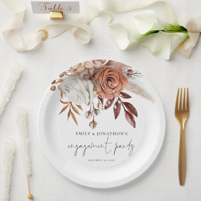 Rustikale Terracotta Florals Script Engagement Par Pappteller (Hochzeit)