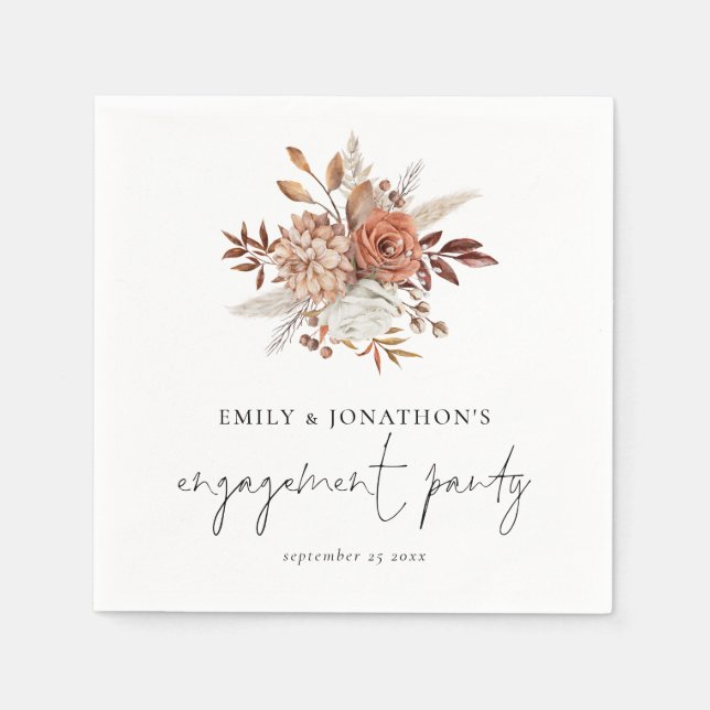 Rustikale Terracotta Florals Script Engagement Par Serviette (Vorderseite)