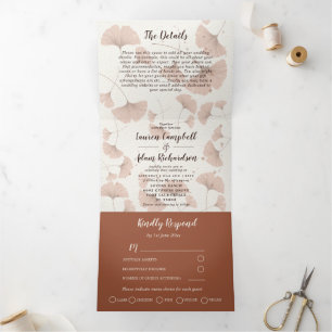 Rustikale Terracotta Ginkgo Foliage Wedding Dreifach Gefaltete Einladung