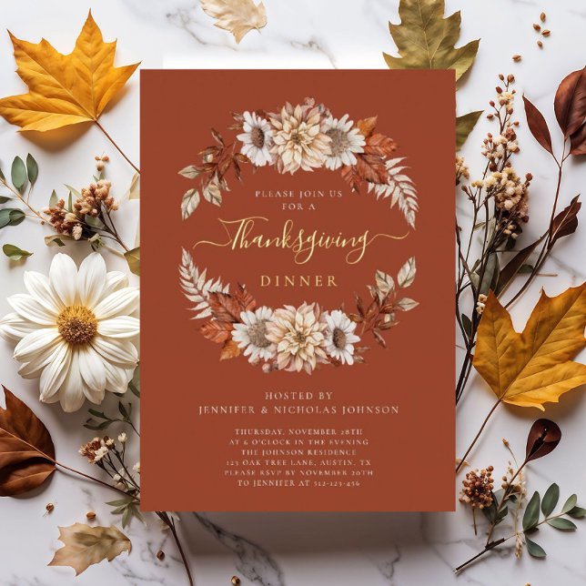 Rustikale Terracotta Herbst Erntedank Folieneinladung (Rustic Terracotta Fall Floral Thanksgiving Dinner Foil Invitation)