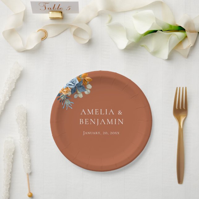 Rustikale Terracotta Orange Navy Blauer Rost Hochz Pappteller (Hochzeit)