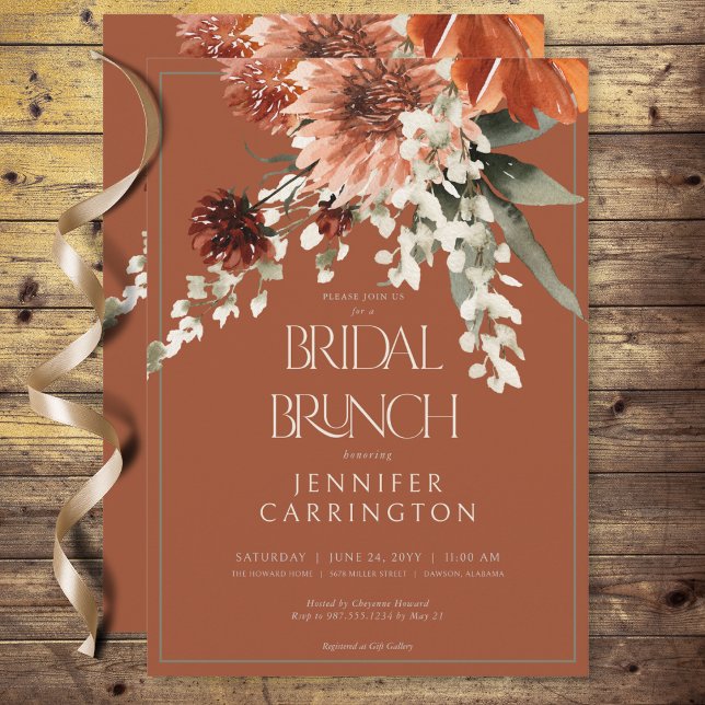 Rustikale Terracotta Rost Blume Bridal Brunch Einladung (Rustic Terracotta Rust Flowers Bridal Brunch Invitation)