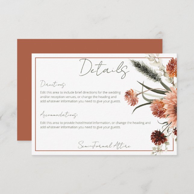 Rustikale Terracotta Rost Blume Details Begleitkarte (Vorne/Hinten)