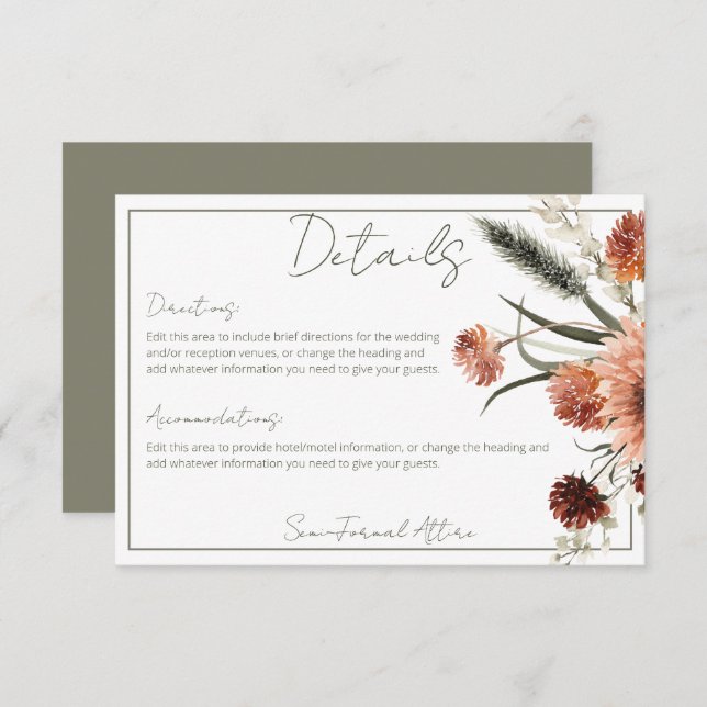 Rustikale Terracotta Rost Blume Details Begleitkarte (Vorne/Hinten)