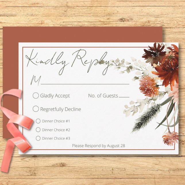 Rustikale Terracotta Rost Blume Drei Abendessen RSVP Karte (Rustic Terracotta Rust Flowers Three Dinner RSVP Card)