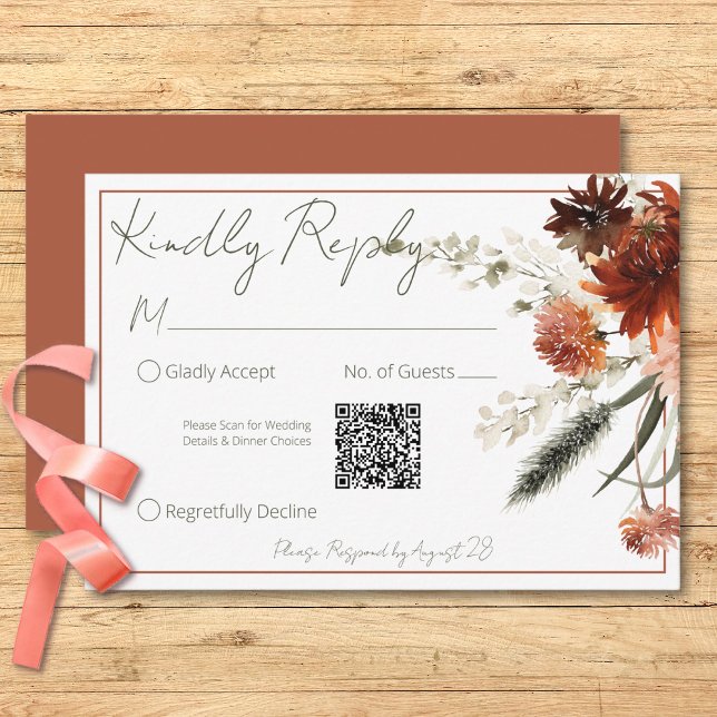 Rustikale Terracotta-Rost-Blume mit QR-Code RSVP Karte (Rustic Terracotta Rust Flowers Wedding QR Code RSVP Card)