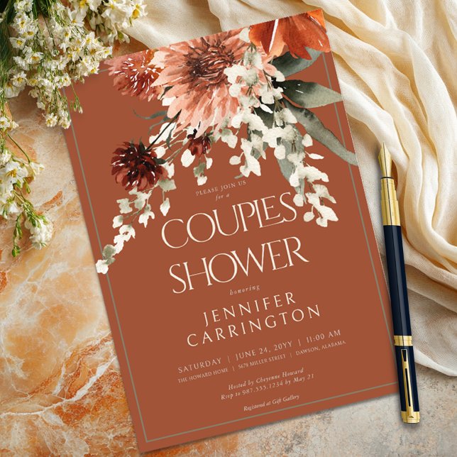 Rustikale Terracotta Rost Blume Paare Dusche Einladung (Rustic Terracotta Rust Flowers Couples Shower Invitation)