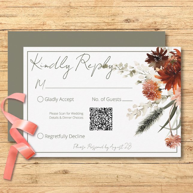 Rustikale Terracotta Roste Blume Grüner QR-Code RSVP Karte (Rustic Terracotta Rust Flowers Green QR Code RSVP Card)