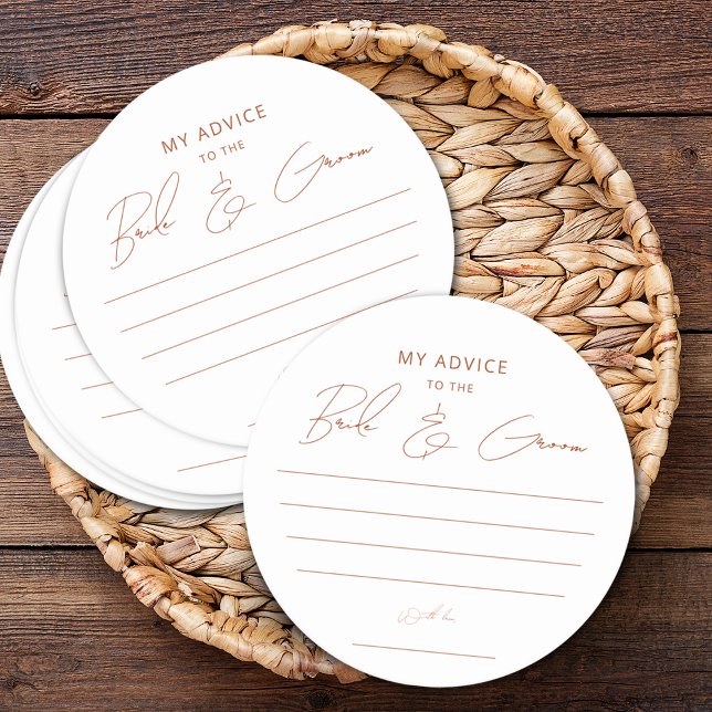 Rustikale Terracotta Skriptberatung Braut Groom Ge Runder Pappuntersetzer (Rustic Terracotta Script Advice Bride Groom Favor Round Paper Coaster)