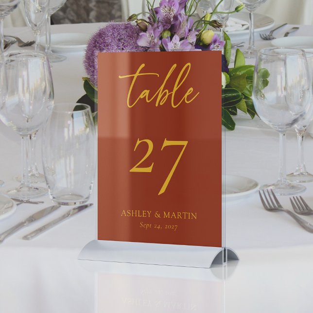 Rustikale Terracotta und Senf Hochzeitsempfang Tischnummer (Rustic Terracotta and Mustard Personalized Wedding Reception Table Number)