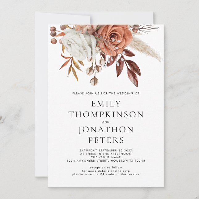 Rustikale Terrakotta-Blumen Hochzeit QR-Code Einladung (Vorderseite)