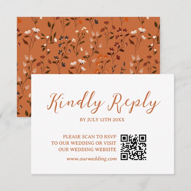 Rustikale Terrakotta-Blumen-Hochzeit QR-Code-RSVP- RSVP Karte (Vorne/Hinten)
