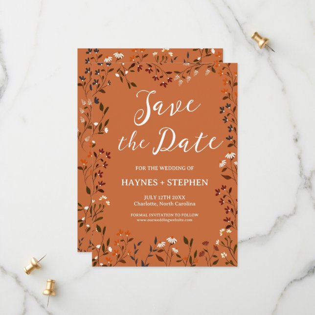 Rustikale Terrakotta-Blumen-Save-the-Date-Karte Save The Date (Vorderseite/Rückseite Beispiel)