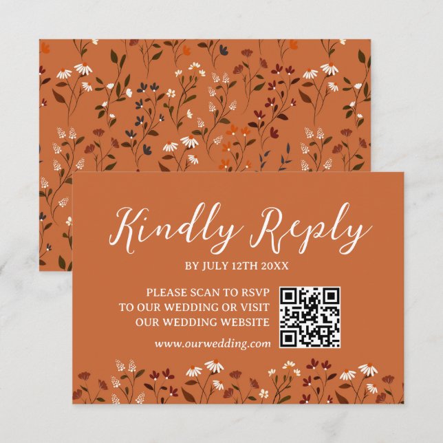 Rustikale Terrakotta-Blumenhochzeit QR-Code-RSVP-K RSVP Karte (Vorne/Hinten)