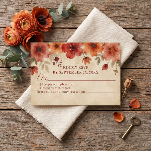 Rustikale Terrakotta-Braunorange-Floral-Hochzeit RSVP Karte