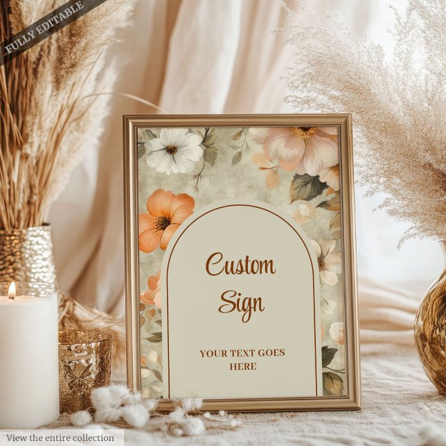 Rustikale Terrakotta-Elfenbein-Blumen-Hochzeitstaf Poster (Rustic Terra Cotta Ivory Floral Custom Party Welcome Sign)